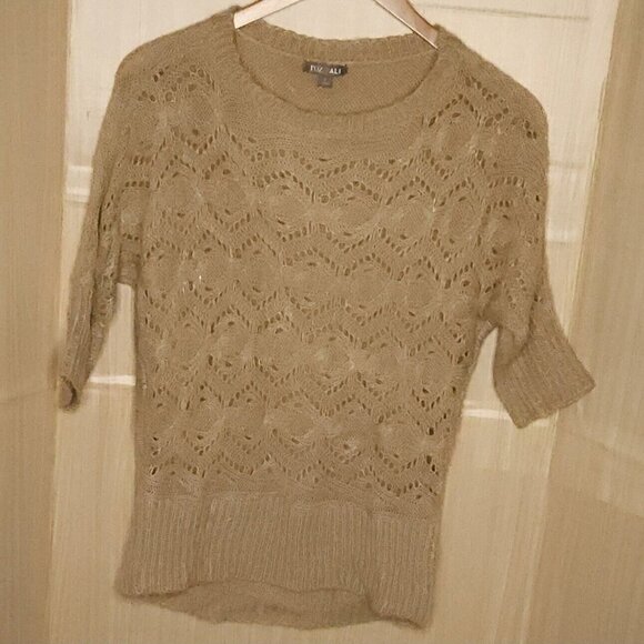 Roz & Ali Womens Tan Metallic Gold  Short Sleeve Batwing Sweater Small - Picture 1 of 7